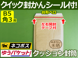 【１箱（３００枚）】(＠18.54円) クッション封筒（B5角3用・DVD重ねて2枚）ネコポス・クロネコDM・クリックポスト・ゆうパケット・定形外郵便対応 左右 左右開き開封テープ付 （茶色・未晒みさらし）